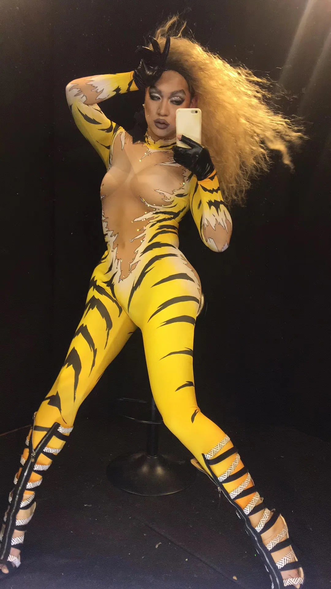 fashion jumpsuit women long sleeve sexy stage Outfit Tiger print Queen Nightclub DS Halloween Costumes Singers pole dance wear