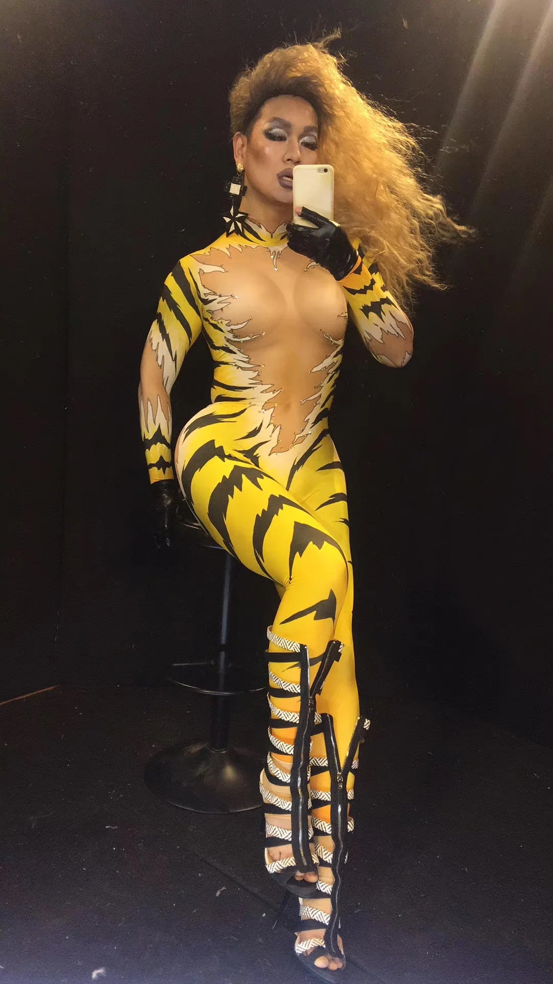 fashion jumpsuit women long sleeve sexy stage Outfit Tiger print Queen Nightclub DS Halloween Costumes Singers pole dance wear