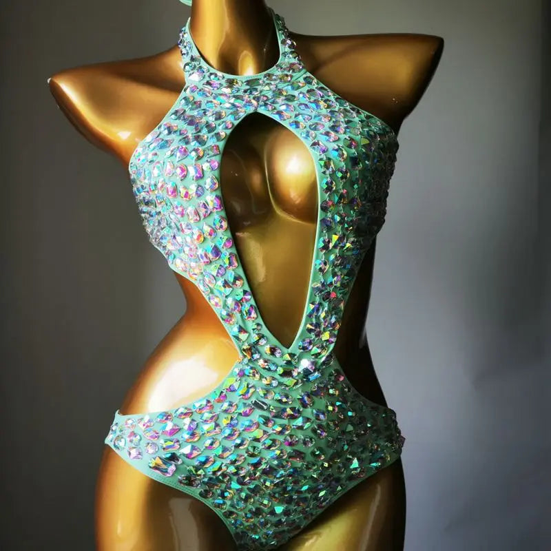 Sexy Backless Rhinestones Beaded Bodysuit Nightclub DJ Pole Dance Crystal Leotard Dancer Party Rave Stage Performance Costume