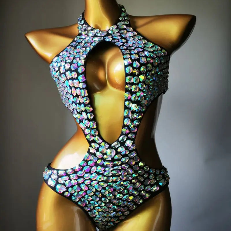 Sexy Backless Rhinestones Beaded Bodysuit Nightclub DJ Pole Dance Crystal Leotard Dancer Party Rave Stage Performance Costume
