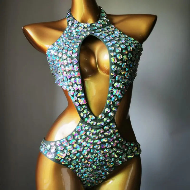 Sexy Backless Rhinestones Beaded Bodysuit Nightclub DJ Pole Dance Crystal Leotard Dancer Party Rave Stage Performance Costume