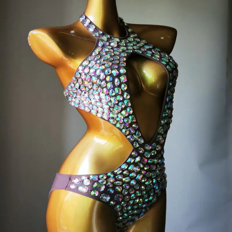 Sexy Backless Rhinestones Beaded Bodysuit Nightclub DJ Pole Dance Crystal Leotard Dancer Party Rave Stage Performance Costume