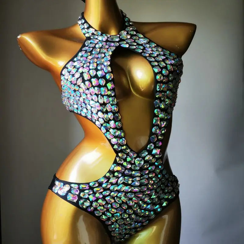 Sexy Backless Rhinestones Beaded Bodysuit Nightclub DJ Pole Dance Crystal Leotard Dancer Party Rave Stage Performance Costume
