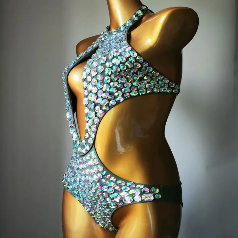 Sexy Backless Rhinestones Beaded Bodysuit Nightclub DJ Pole Dance Crystal Leotard Dancer Party Rave Stage Performance Costume