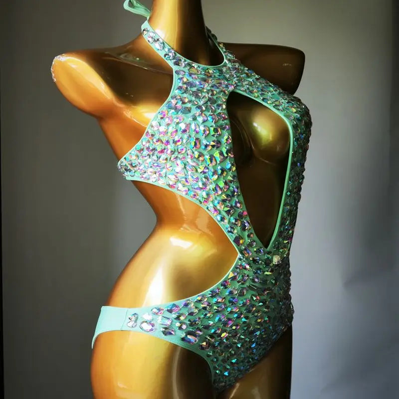 Sexy Backless Rhinestones Beaded Bodysuit Nightclub DJ Pole Dance Crystal Leotard Dancer Party Rave Stage Performance Costume