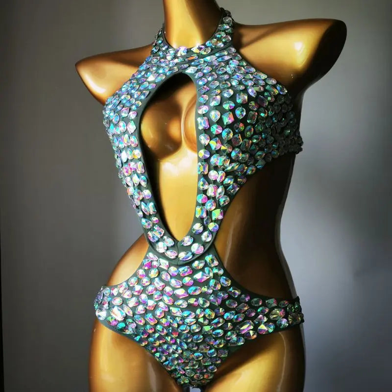 Sexy Backless Rhinestones Beaded Bodysuit Nightclub DJ Pole Dance Crystal Leotard Dancer Party Rave Stage Performance Costume