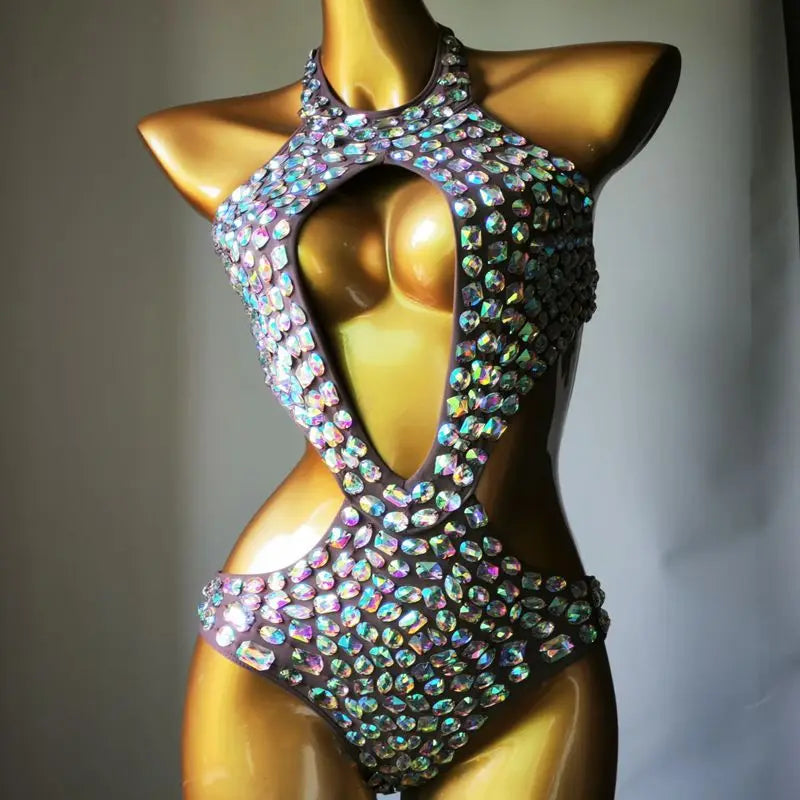 Sexy Backless Rhinestones Beaded Bodysuit Nightclub DJ Pole Dance Crystal Leotard Dancer Party Rave Stage Performance Costume