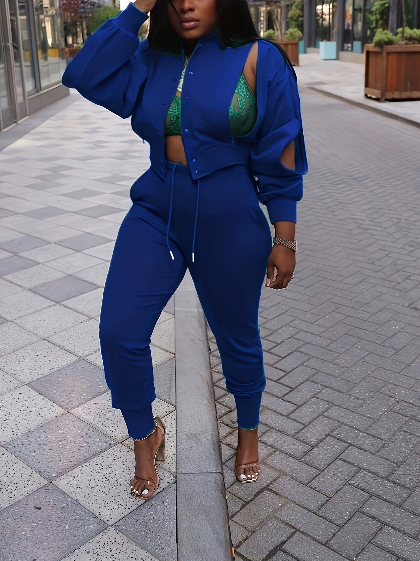 Trendy Two-Piece Pantsuit Set - Stylish Solid Button Front Cut Out Long Sleeve Jacket & Drawstring Pants Outfits for Women, Fashionable Clothing with Chic Design and Comfortable Wear