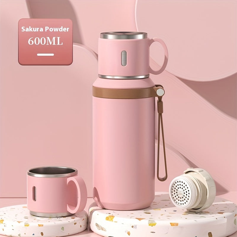 Insulated Stainless Steel Water Bottle with Rope Handle, Dual-Purpose Lid/Drinking Cup, Portable Vacuum Flask for Camping, Cycling, Car, Office - Suitable for Hot & Cold Beverages, Ideal Gift for Ages 14+