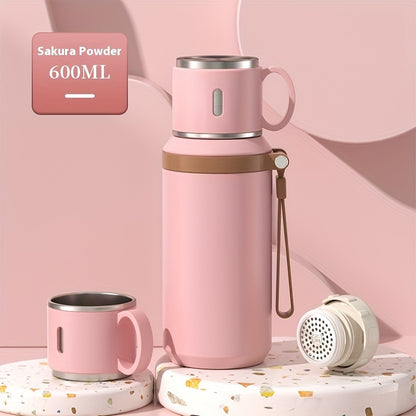 Insulated Stainless Steel Water Bottle with Rope Handle, Dual-Purpose Lid/Drinking Cup, Portable Vacuum Flask for Camping, Cycling, Car, Office - Suitable for Hot & Cold Beverages, Ideal Gift for Ages 14+