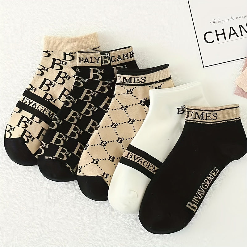 10 Pairs Letter & Plaid Print Socks, Fashion Lightweight & Breathable Ankle Socks, Women's Stockings & Hosiery