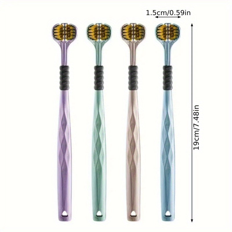 4-Piece Set of Ergonomic Manual Toothbrushes with 3-Sided Brush Heads, Golden Volcano Bristles, and Soft Grip Handles - Suitable for Adults