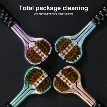 4-Piece Set of Ergonomic Manual Toothbrushes with 3-Sided Brush Heads, Golden Volcano Bristles, and Soft Grip Handles - Suitable for Adults