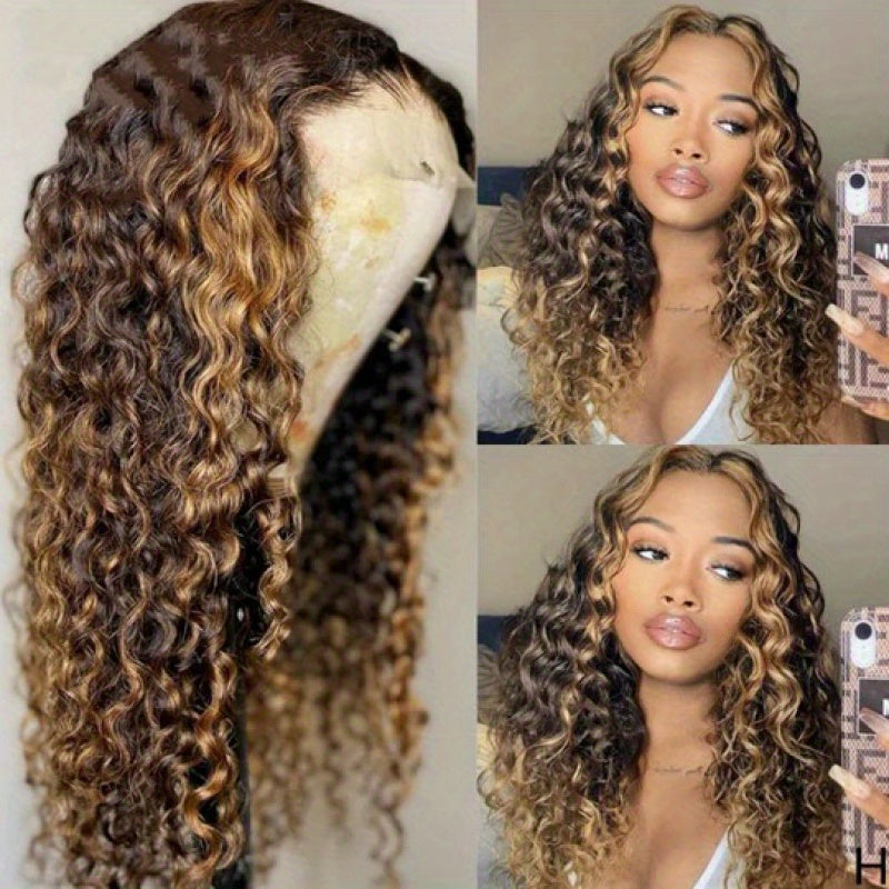 16-30in, exquisite 13x4 transparent lace wig, deep wave honey gold mixed color human hair, deep wave honey gold mixed color fascinating.