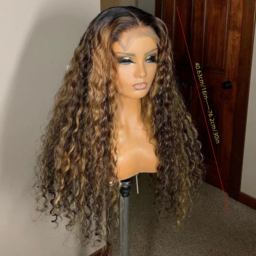 16-30in, exquisite 13x4 transparent lace wig, deep wave honey gold mixed color human hair, deep wave honey gold mixed color fascinating.