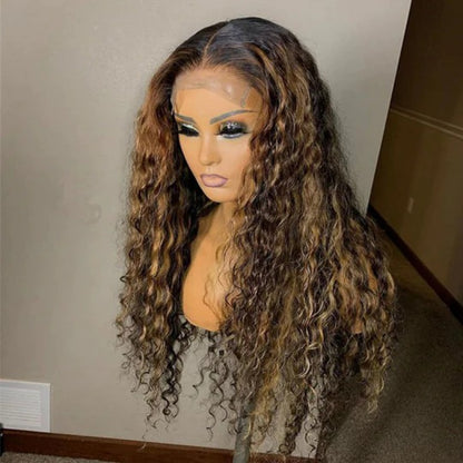 16-30in, exquisite 13x4 transparent lace wig, deep wave honey gold mixed color human hair, deep wave honey gold mixed color fascinating.