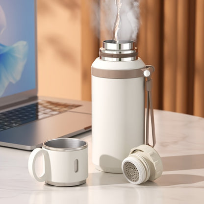 Insulated Stainless Steel Water Bottle with Rope Handle, Dual-Purpose Lid/Drinking Cup, Portable Vacuum Flask for Camping, Cycling, Car, Office - Suitable for Hot & Cold Beverages, Ideal Gift for Ages 14+