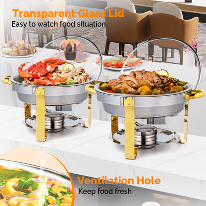 5QT Stainless Steel Chafing Dish Buffet Set Gold Accent, NSF Round Buffet Warmer Chafers and Buffet Warmers Sets with Glass Lid & Lid Holder for Catering Events Parties Weddings Dinners