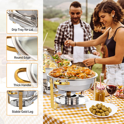 5QT Stainless Steel Chafing Dish Buffet Set Gold Accent, NSF Round Buffet Warmer Chafers and Buffet Warmers Sets with Glass Lid & Lid Holder for Catering Events Parties Weddings Dinners