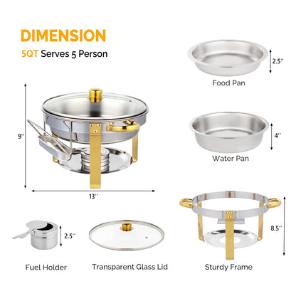 5QT Stainless Steel Chafing Dish Buffet Set Gold Accent, NSF Round Buffet Warmer Chafers and Buffet Warmers Sets with Glass Lid & Lid Holder for Catering Events Parties Weddings Dinners