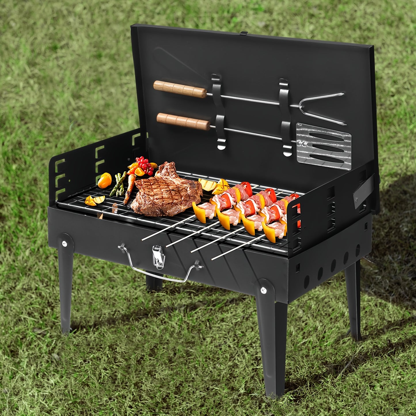 Compact Charcoal BBQ Grill 44x27x7cm - Easy Carry Design, Durable Black Finish, Ideal for Backyard & Picnic Cooking