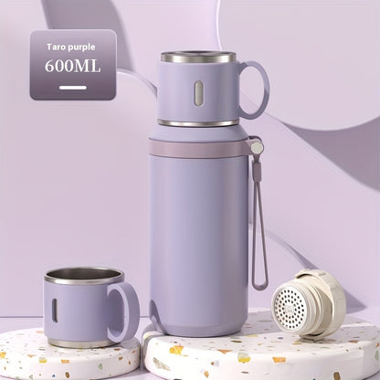 Insulated Stainless Steel Water Bottle with Rope Handle, Dual-Purpose Lid/Drinking Cup, Portable Vacuum Flask for Camping, Cycling, Car, Office - Suitable for Hot & Cold Beverages, Ideal Gift for Ages 14+