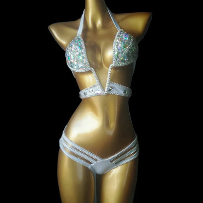 Nightclub Bar Sexy Rhinestones Bikini Set Pole Dance Costume Women Club Party DJ DS Dancer Performance Rave Outfit Diamond Bra