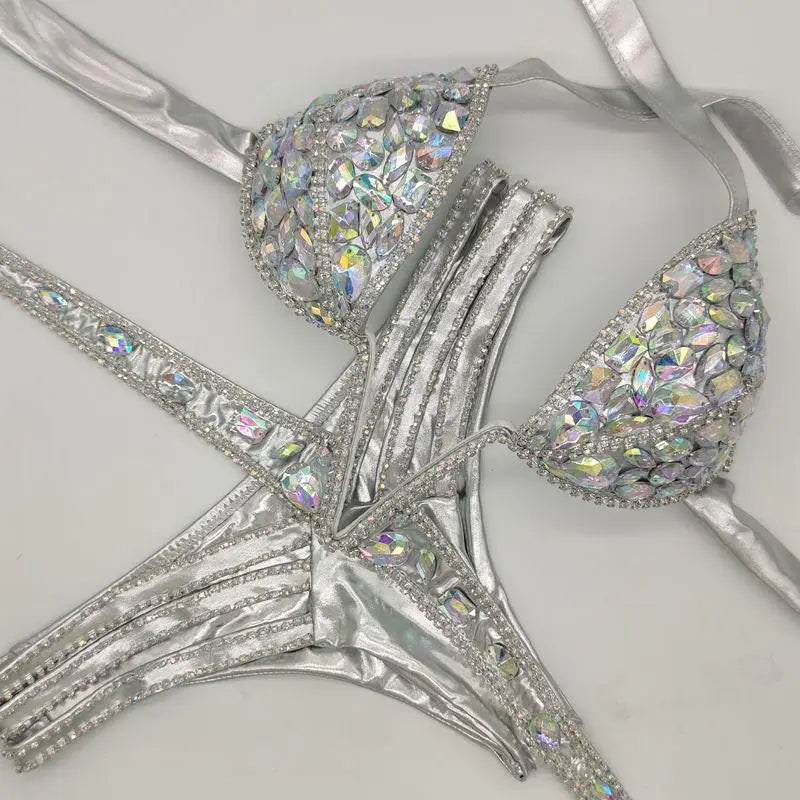 Nightclub Bar Sexy Rhinestones Bikini Set Pole Dance Costume Women Club Party DJ DS Dancer Performance Rave Outfit Diamond Bra