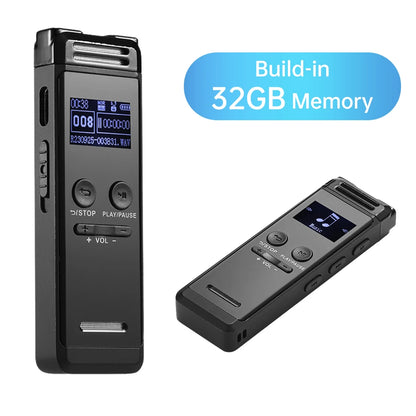 Digital Voice Recorder 32G Activated Record Playback MP3 Music Player w/ Mic Speaker 1536KBPS HD Recording 24 System Languages