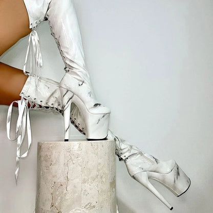 Sexy Over The Knee Boots Fetish Shoes 20cm Lace Up Platfor Patent Leather Stripper Heels Pole Dance 8inch Exotic Dancer New