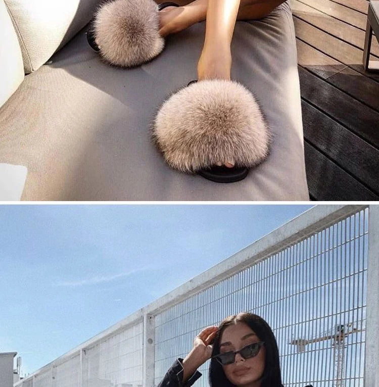 Natural fox fur slippers, fashionable outdoor multi-color animal hair slippers, women's gifts, soft EVA sole slippers,on trend