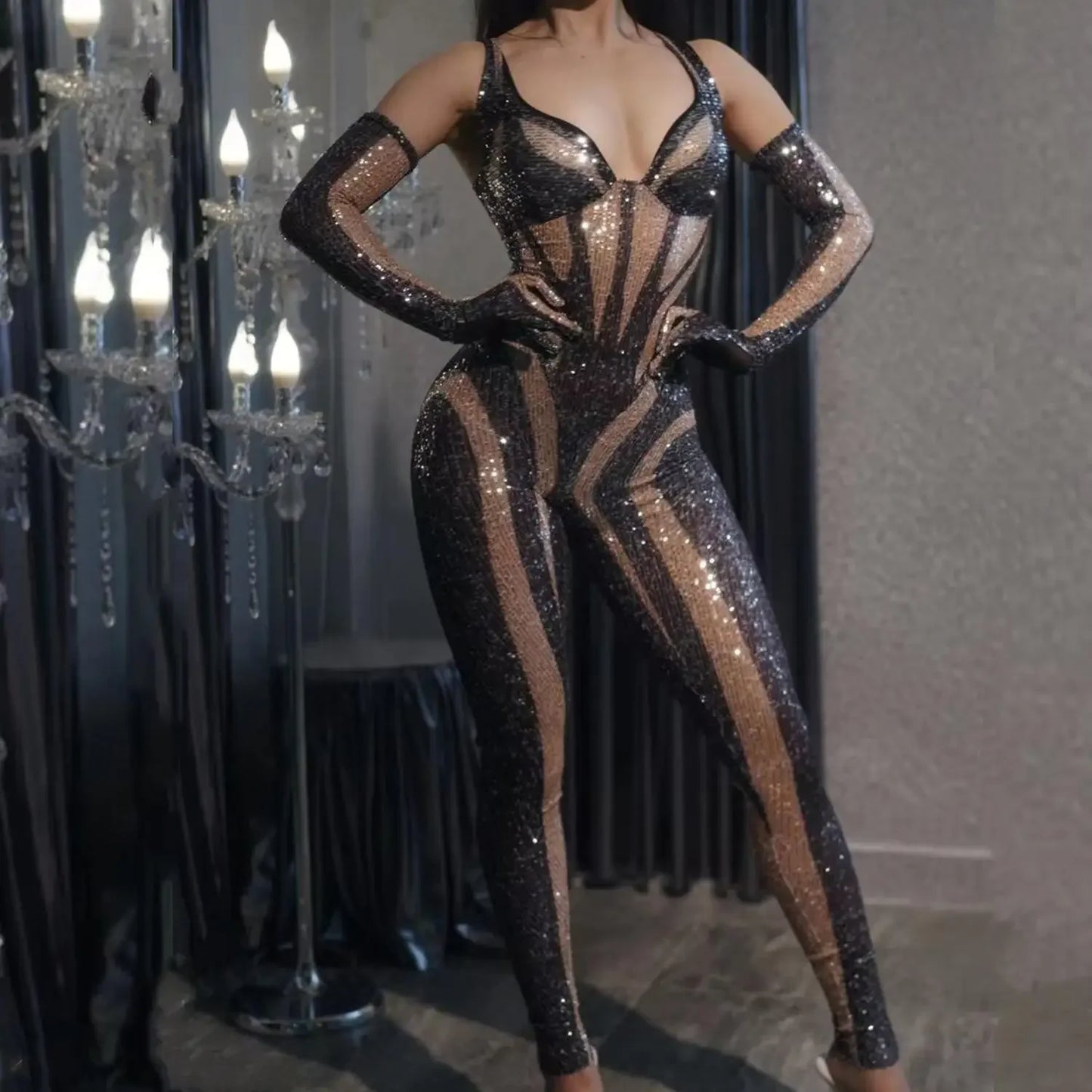 Blue Rhinestones Gloves Jumpsuit Women Print Birthday Party Pole Dance Clothes Nightclub Drag 1ueen Stage Show Wear Qingshuichi