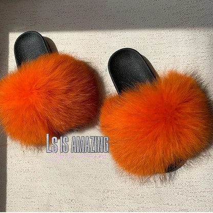 Natural fox fur slippers, fashionable outdoor multi-color animal hair slippers, women's gifts, soft EVA sole slippers,on trend