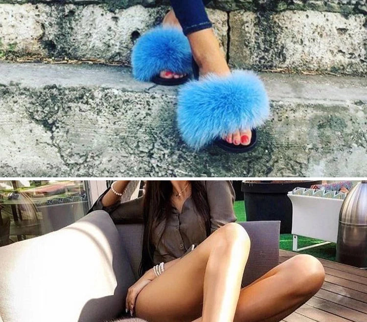 Natural fox fur slippers, fashionable outdoor multi-color animal hair slippers, women's gifts, soft EVA sole slippers,on trend