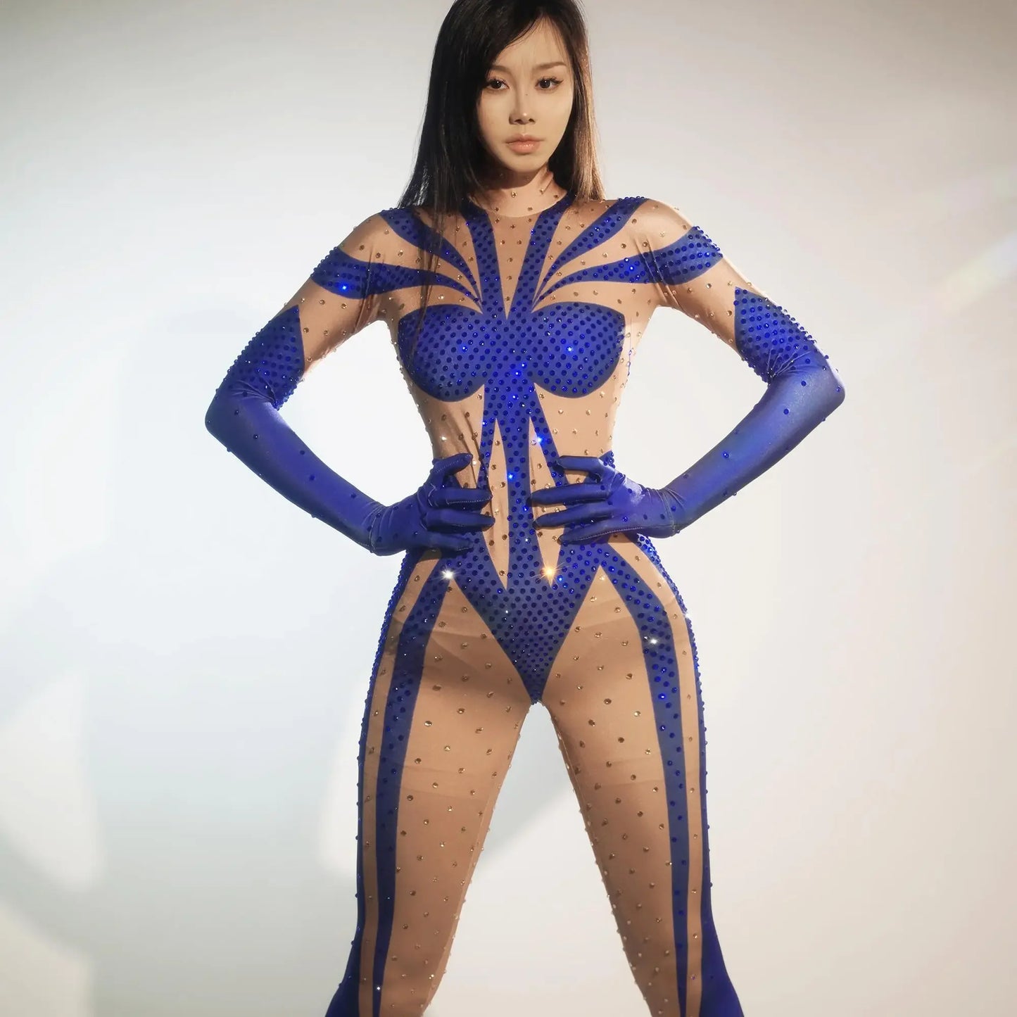 Blue Rhinestones Gloves Jumpsuit Women Print Birthday Party Pole Dance Clothes Nightclub Drag 1ueen Stage Show Wear Qingshuichi