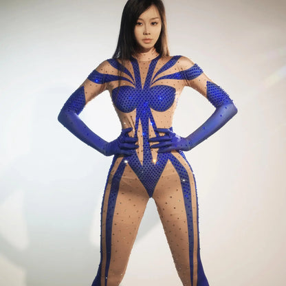 Blue Rhinestones Gloves Jumpsuit Women Print Birthday Party Pole Dance Clothes Nightclub Drag 1ueen Stage Show Wear Qingshuichi