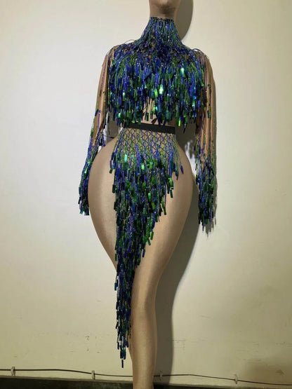 Showgirl Performance Costumes Sexy Sequins Bare leg Dancer with Tassel Stage Dress Party Women Backless Nightclub Dress