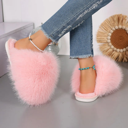 New Winter Women Fashion Fur Slippers Fluffy Cute Plush Women Luxury Outdoor Anti Slip Durable Flat Bottom Slippers Slides Women