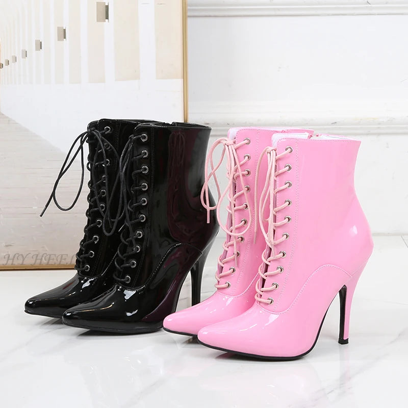 Lady Sexy Pink Mirror Fetish Ankle Boots T Show Pointy Toe Club Party Shoes Thin High Heels Laces Boots For Women