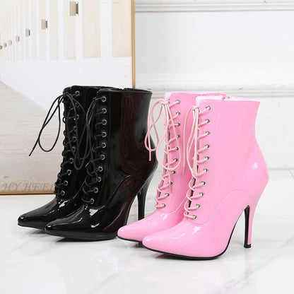 Lady Sexy Pink Mirror Fetish Ankle Boots T Show Pointy Toe Club Party Shoes Thin High Heels Laces Boots For Women