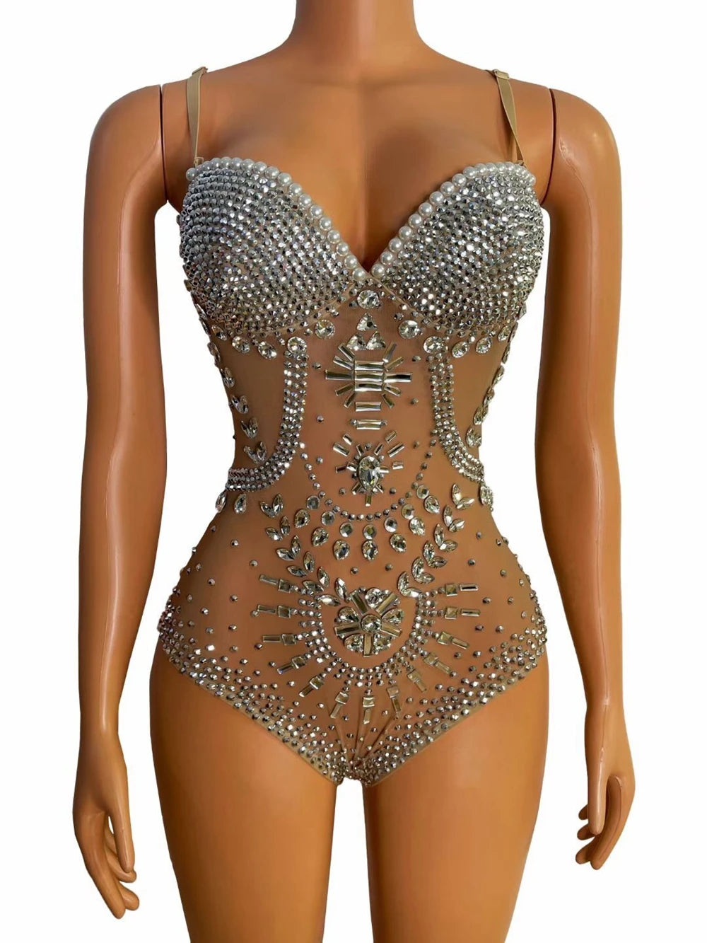 Sparkly Silver Crystals Leotard Sexy Mesh Club Outfit Celebrate Female Singer Dj Rhinestones Bodysuit Dance Costume Stage Wear