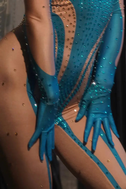 Blue Rhinestones Gloves Jumpsuit Women Print Birthday Party Pole Dance Clothes Nightclub Drag 1ueen Stage Show Wear Qingshuichi