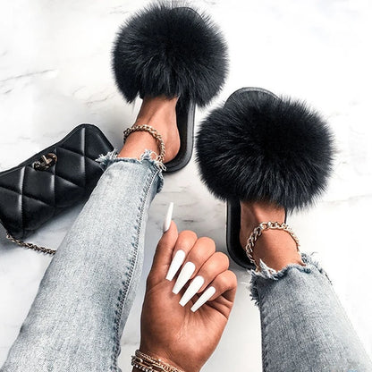 Natural fox fur slippers, fashionable outdoor multi-color animal hair slippers, women's gifts, soft EVA sole slippers,on trend