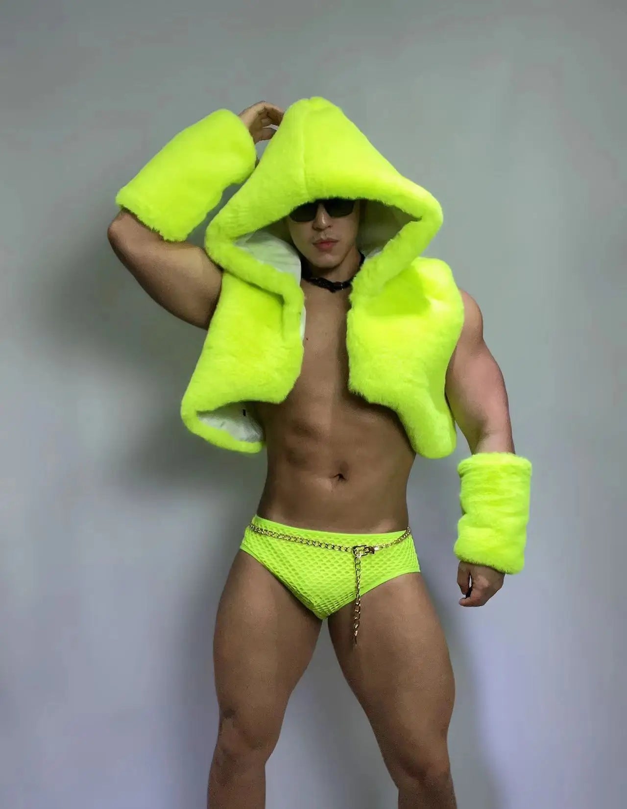 Adult Male Pole Dance Costume Fluorescent Green Sexy Imitation Fur Outfit Nightclub Gogo Dance Clothes Dj Ds Dancer Wear yj976