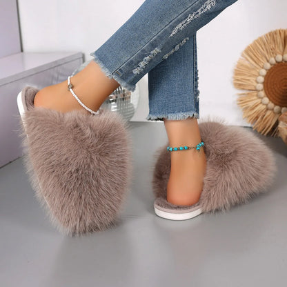 New Winter Women Fashion Fur Slippers Fluffy Cute Plush Women Luxury Outdoor Anti Slip Durable Flat Bottom Slippers Slides Women
