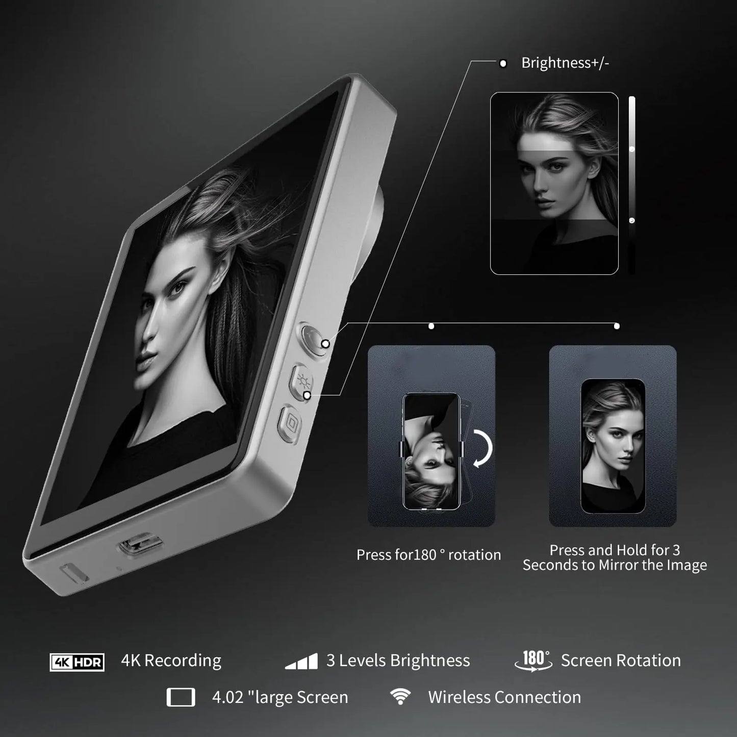 Magnetic Phone Selfie Monitor Screen for Smartphone Rear Camera Selfie Vlog Live Stream for iPhone Android phone