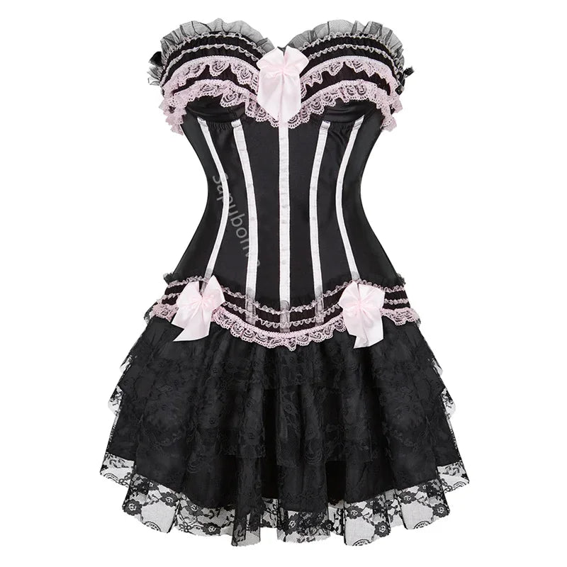 Corset Dress Bustier Skirt Tutu Set Stripe Lace Up Gothic Victorian Lolita Vintage Sexy Exotic Burlesque Korsett Plus Size