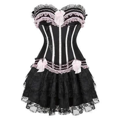 Corset Dress Bustier Skirt Tutu Set Stripe Lace Up Gothic Victorian Lolita Vintage Sexy Exotic Burlesque Korsett Plus Size