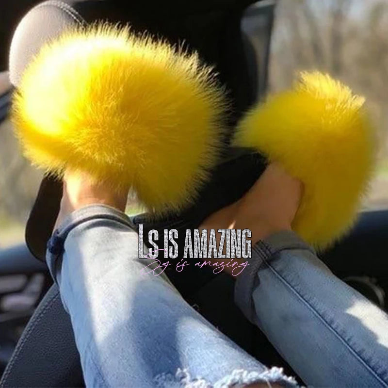 Natural fox fur slippers, fashionable outdoor multi-color animal hair slippers, women's gifts, soft EVA sole slippers,on trend