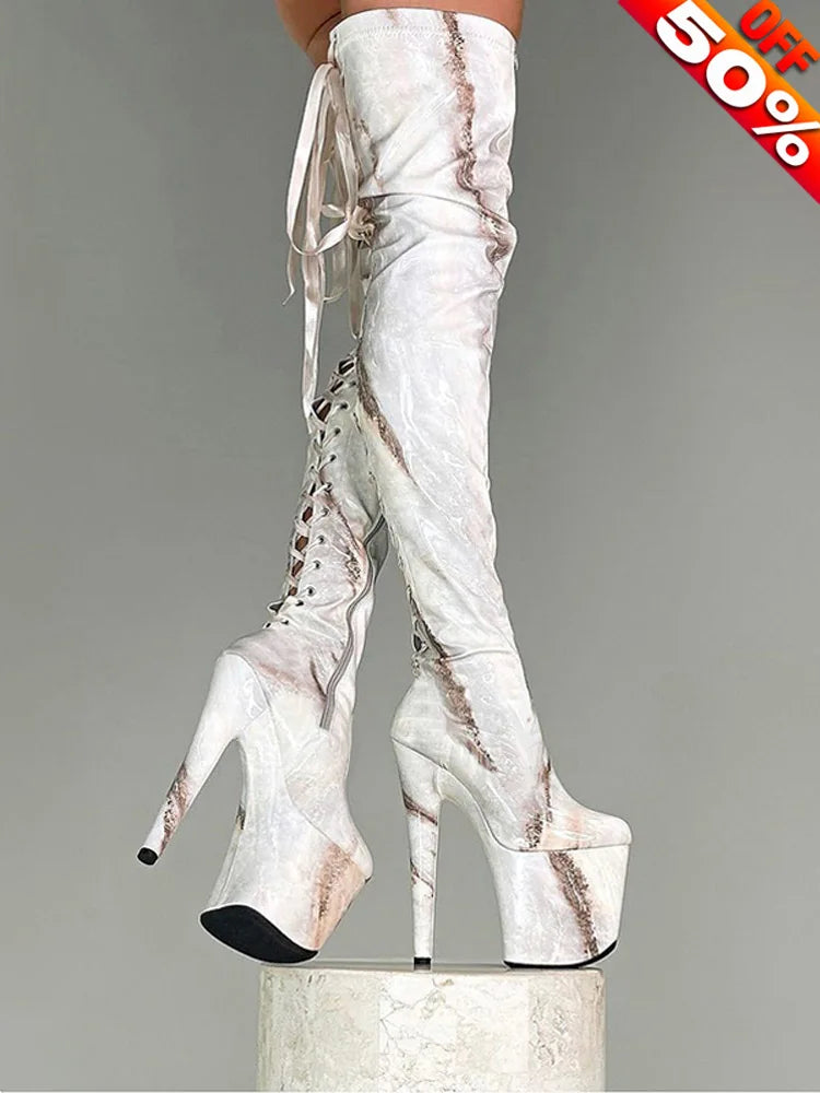 Sexy Over The Knee Boots Fetish Shoes 20cm Lace Up Platfor Patent Leather Stripper Heels Pole Dance 8inch Exotic Dancer New